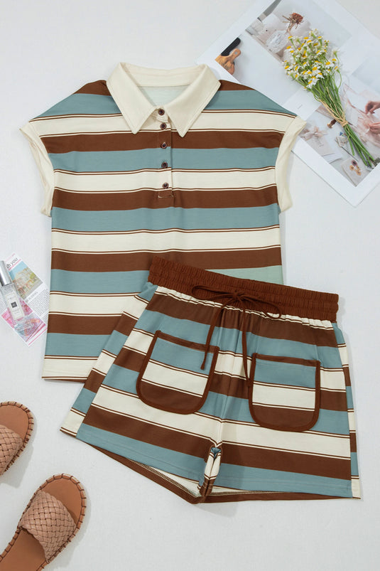 DLLS500 - Ladies Stripe Polo Collar Tee Drawstring Waist Patchwork 2pcs Short Set