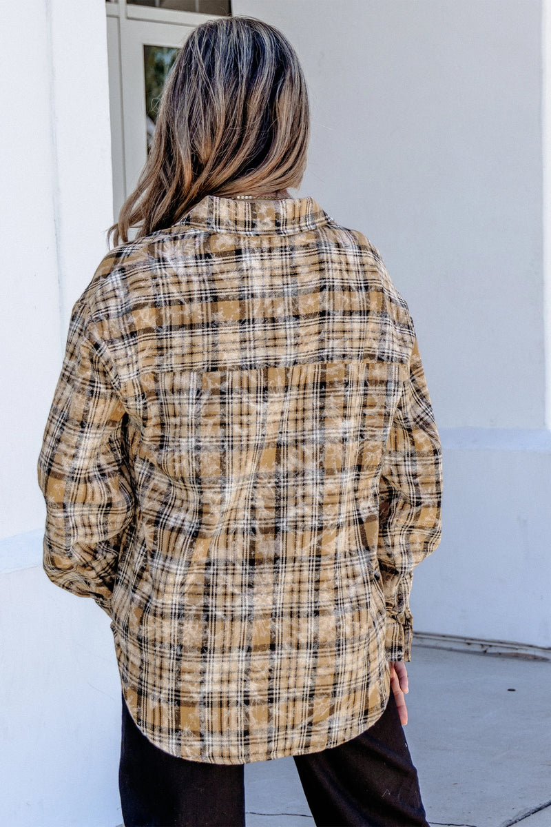 Load image into Gallery viewer, DLLS793 - Ladies Brown Retro Plaid Long Sleeve Button Down Shirt
