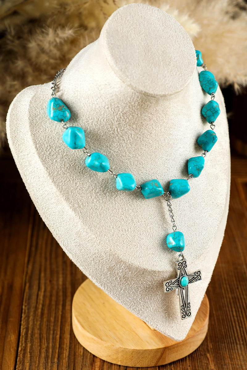 Load image into Gallery viewer, DLLNK 2 - Peacock Blue Turquoise Cross Pendant Necklace
