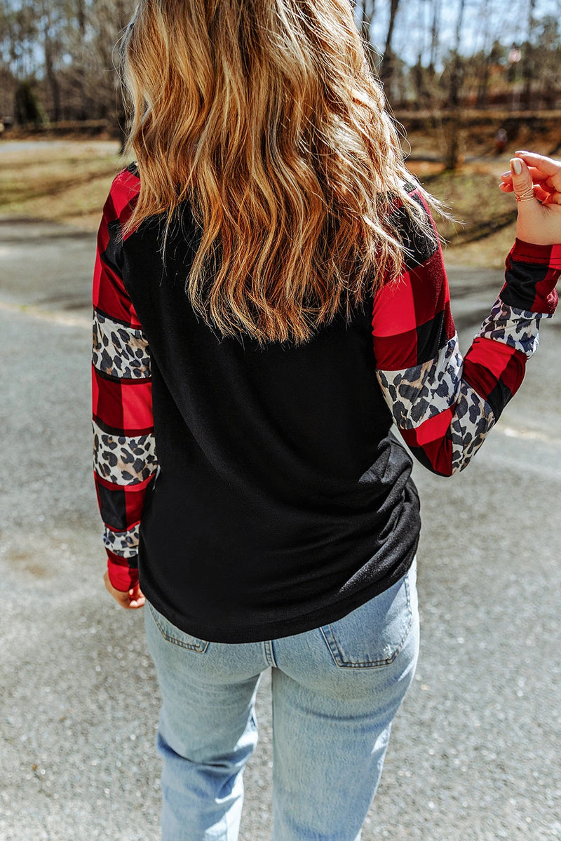 Load image into Gallery viewer, DLLS277 - Ladies Black Off Shoulder Plaid&amp;Leopard Print Long Sleeve Top
