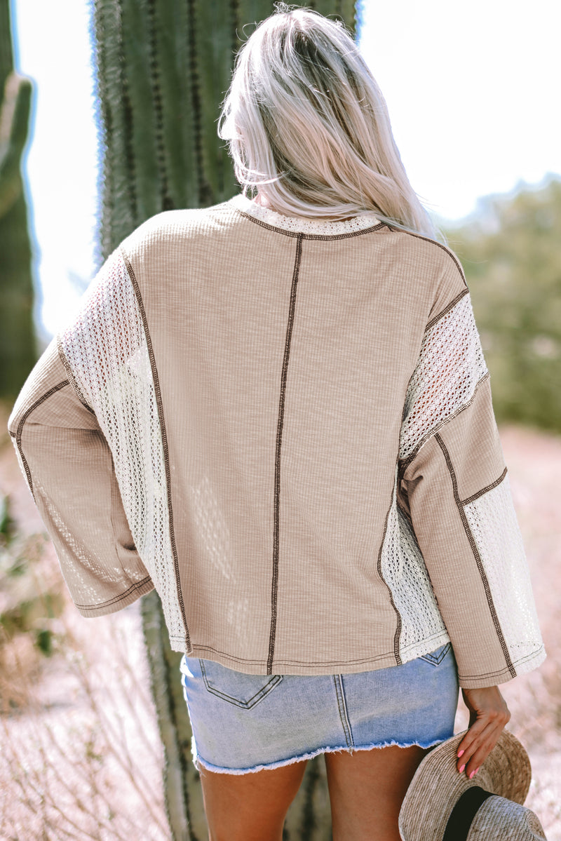 Load image into Gallery viewer, DLLS105 - Ladies Parchment Crochet Detail Exposed Seam High Low Loose Top
