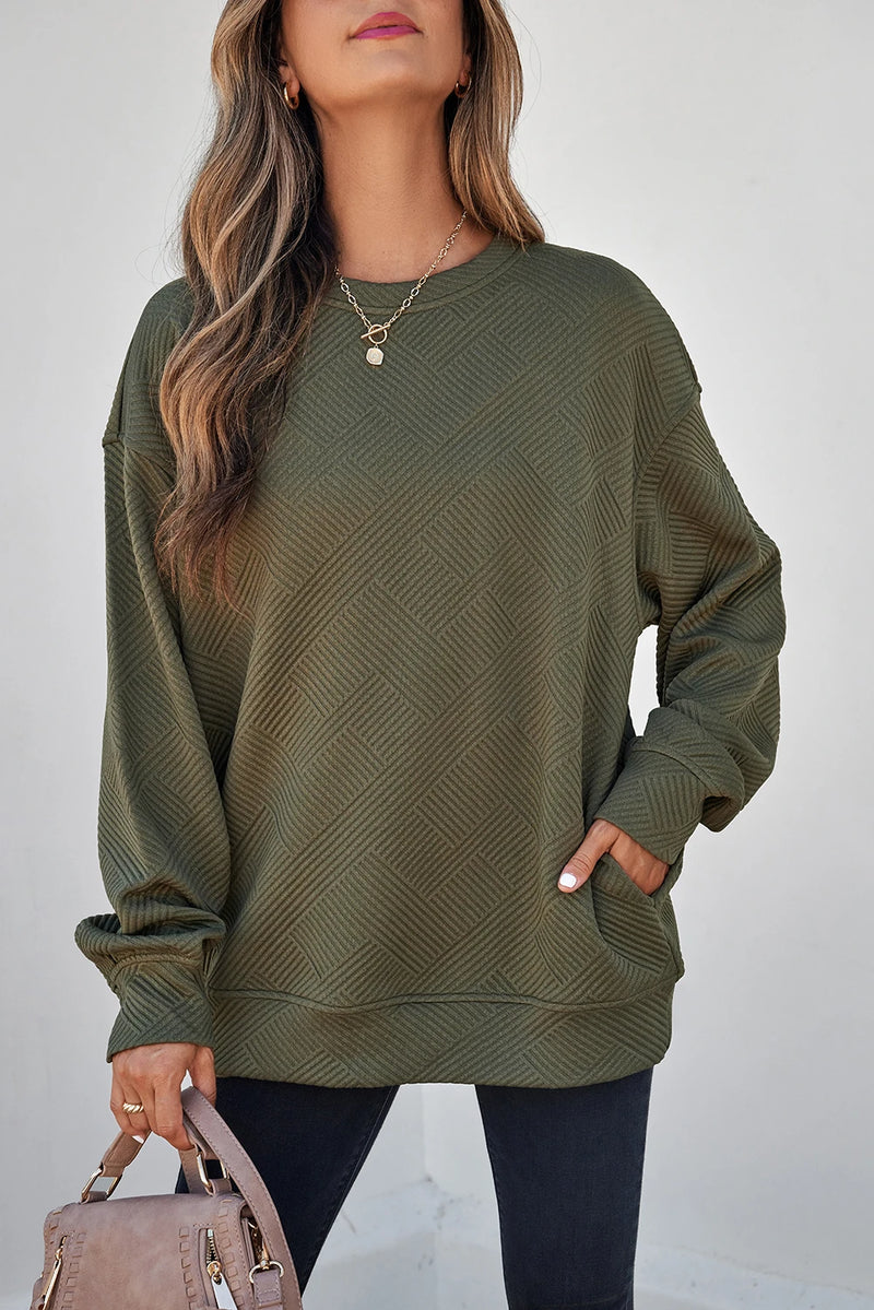 Load image into Gallery viewer, DLLS1133 - Ladies Green Textured Round Neck Drop Shoulder Pullover Sweatshirt
