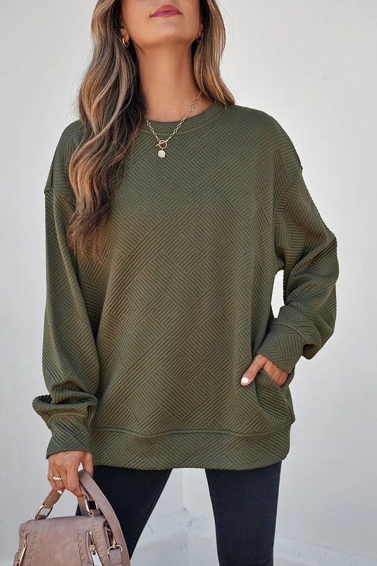 DLLS1133 - Ladies Green Textured Round Neck Drop Shoulder Pullover Sweatshirt