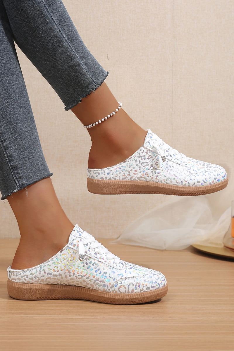 Load image into Gallery viewer, DLLSHOE 87 - White Shiny Leopard Print Lace Up Slip On Shoes
