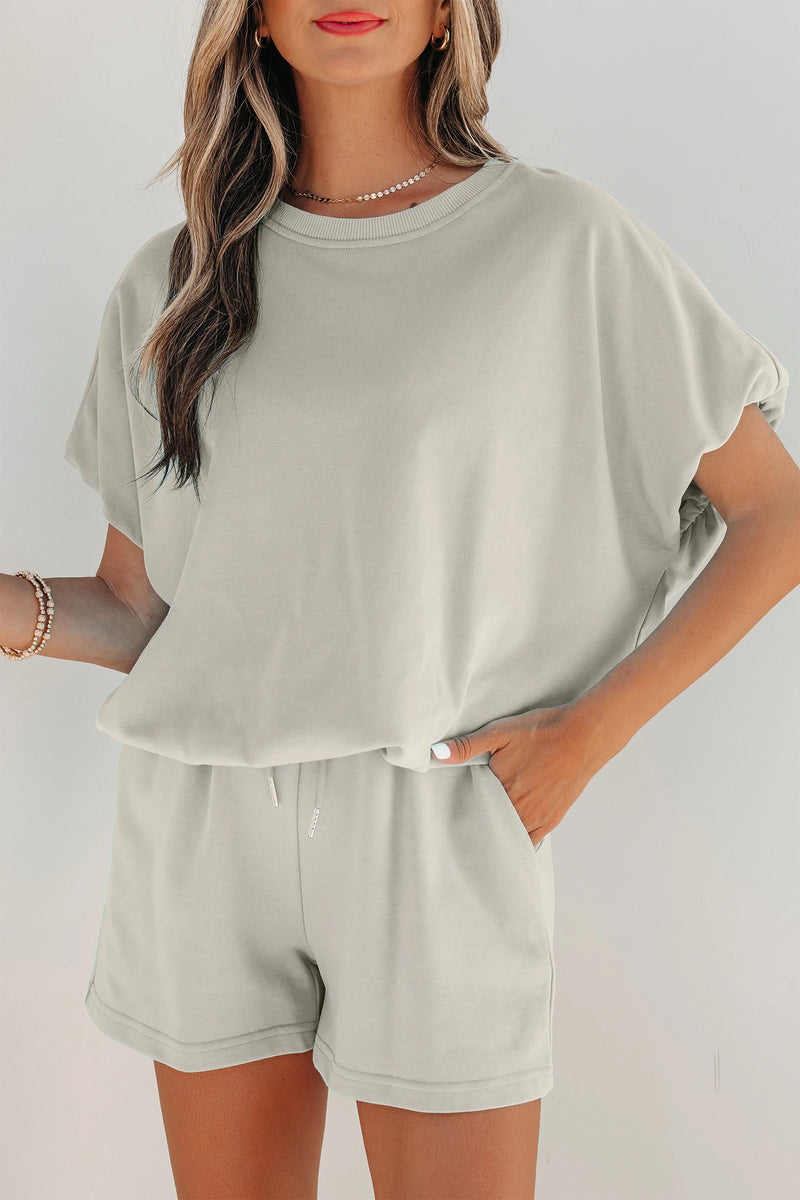 Load image into Gallery viewer, DLLS606 - Ladies Smoke Gray Solid Color Puffy Loose Top Drawstring Shorts 2pcs Outfit
