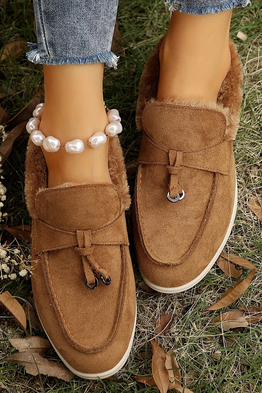 DLLSHOE 203 - Chestnut Suede Furry Lined Slip on Flat Shoes
