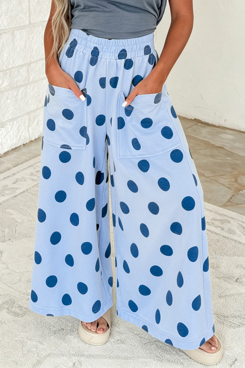 Load image into Gallery viewer, DLLS807 - Ladies Sky Blue Polka Dot Wide Leg Elastic Waist Casual Pants
