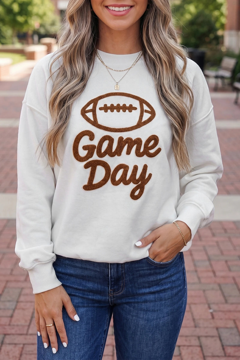 Load image into Gallery viewer, DLLS780 - Ladies White Embroidered Game Day Rugby Pattern Crewneck Sweatshirt
