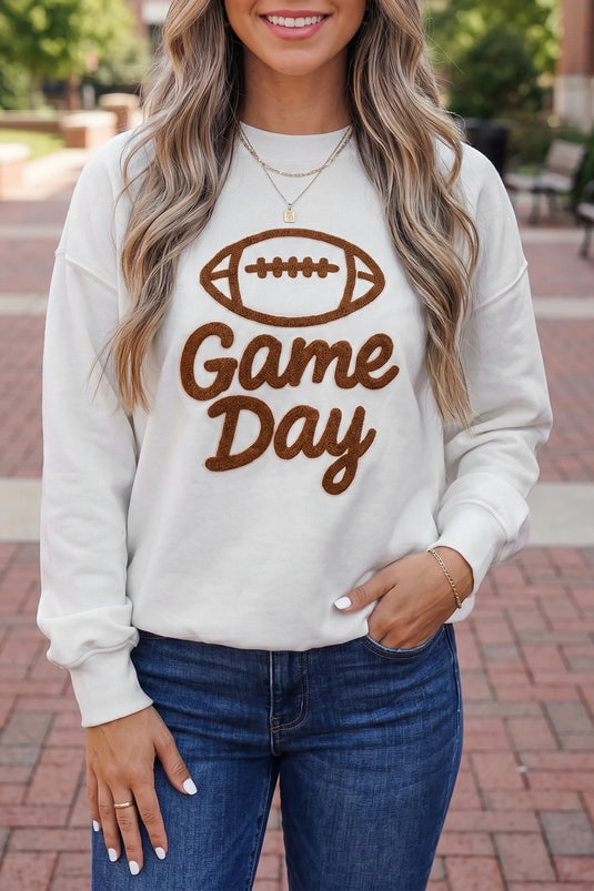 DLLS780 - Ladies White Embroidered Game Day Rugby Pattern Crewneck Sweatshirt