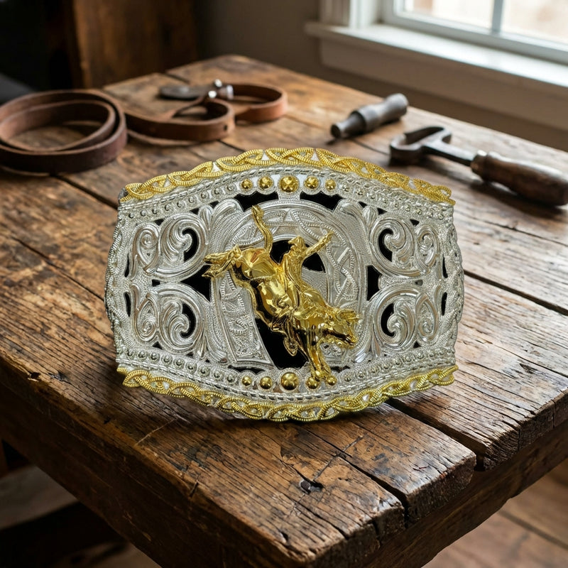 Load image into Gallery viewer, AWW12 - Bullrider Horseshoe Silver &amp; Gold Buckle
