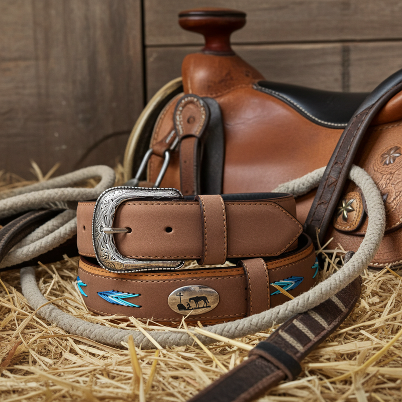 Load image into Gallery viewer, CP1007 - Cowboy Prayer Cowhide Leather Belt w/ Conchos &amp; Overlays
