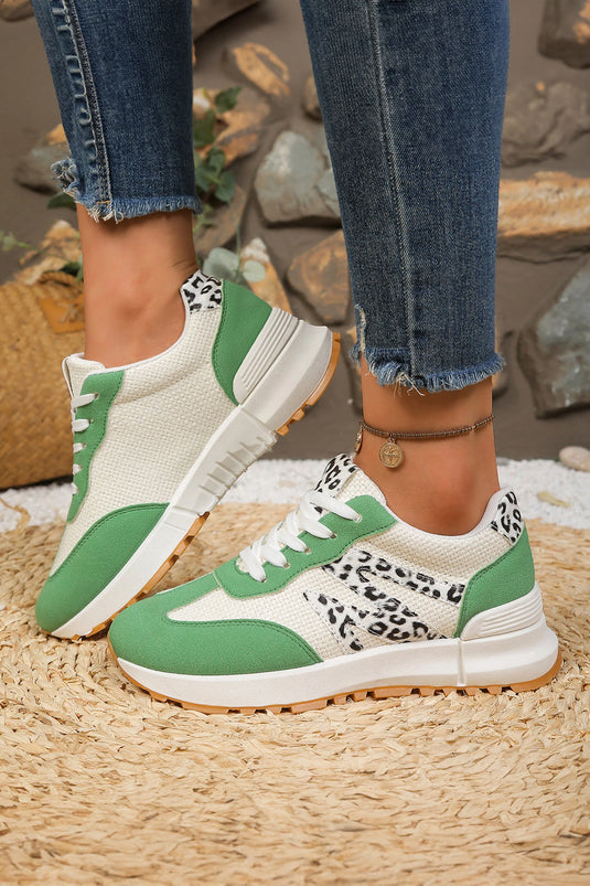 DLLSHOE 165 - Green PU Leather Leopard Color Block Detail Lace Up Sporty Sneakers