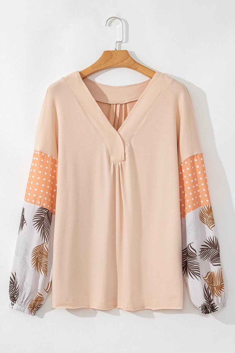 Load image into Gallery viewer, DLLS321 - Ladies Jet Stream Palm Leaves Polka Dot Puff Sleeve Patchwork V Neck Loose Blouse
