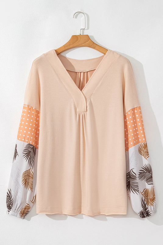 DLLS321 - Ladies Jet Stream Palm Leaves Polka Dot Puff Sleeve Patchwork V Neck Loose Blouse