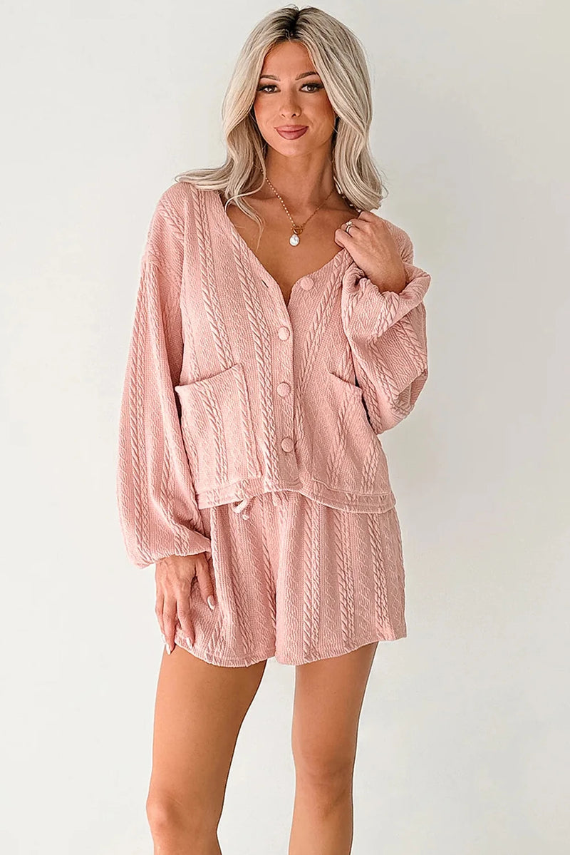 Load image into Gallery viewer, DLLS369 - Ladies Gossamer Pink Cable Knit V Neck Cardigan Shorts Set
