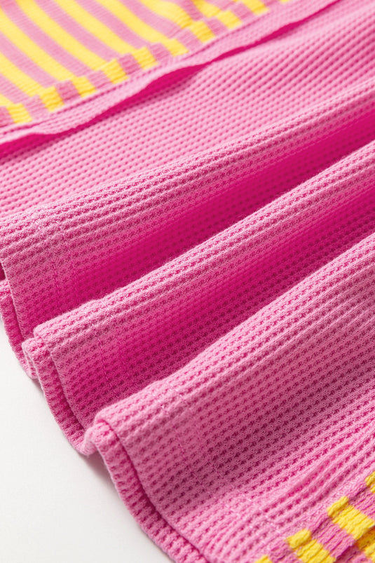 DLLS460 - Ladies Bright Pink Waffle Textured Contrast Striped Patchwork Loose T Shirt