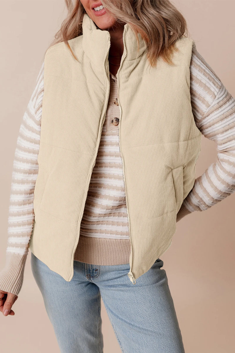 Load image into Gallery viewer, DLLS256 - Ladies Beige Corduroy Stand Neck Zipped Puffer Vest
