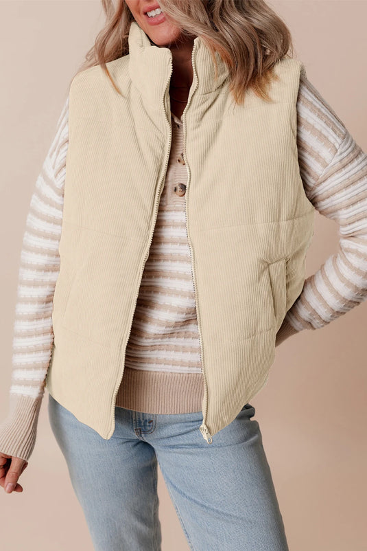 DLLS256 - Ladies Beige Corduroy Stand Neck Zipped Puffer Vest