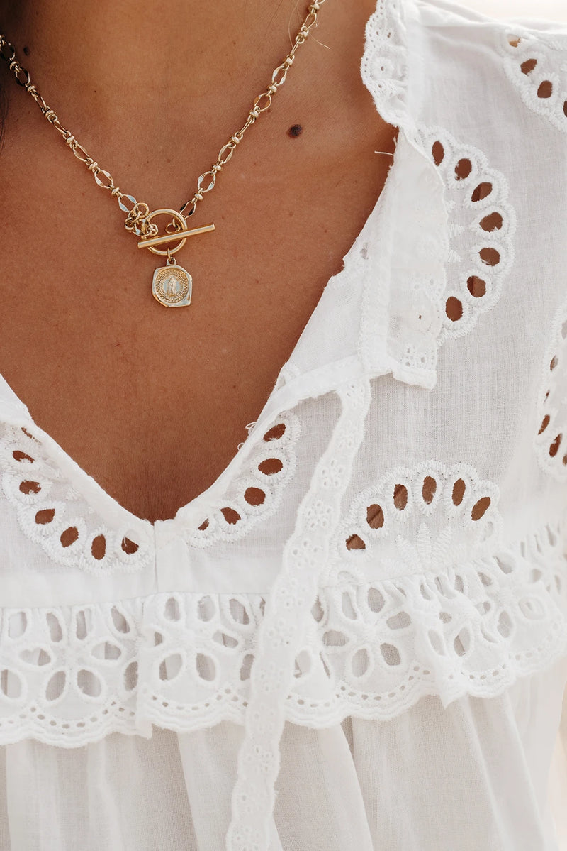 Load image into Gallery viewer, DLLS366 - Ladies White Embroidered Lace Patchwork Tie Neck Puff Short Sleeve Blouse
