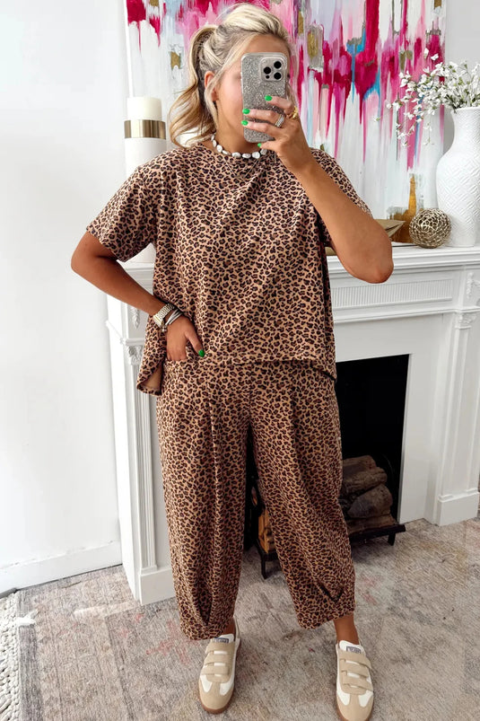 DLLS453 - Ladies Brown Leopard Loose Tee Drawstring Waist Barrel Pants Set
