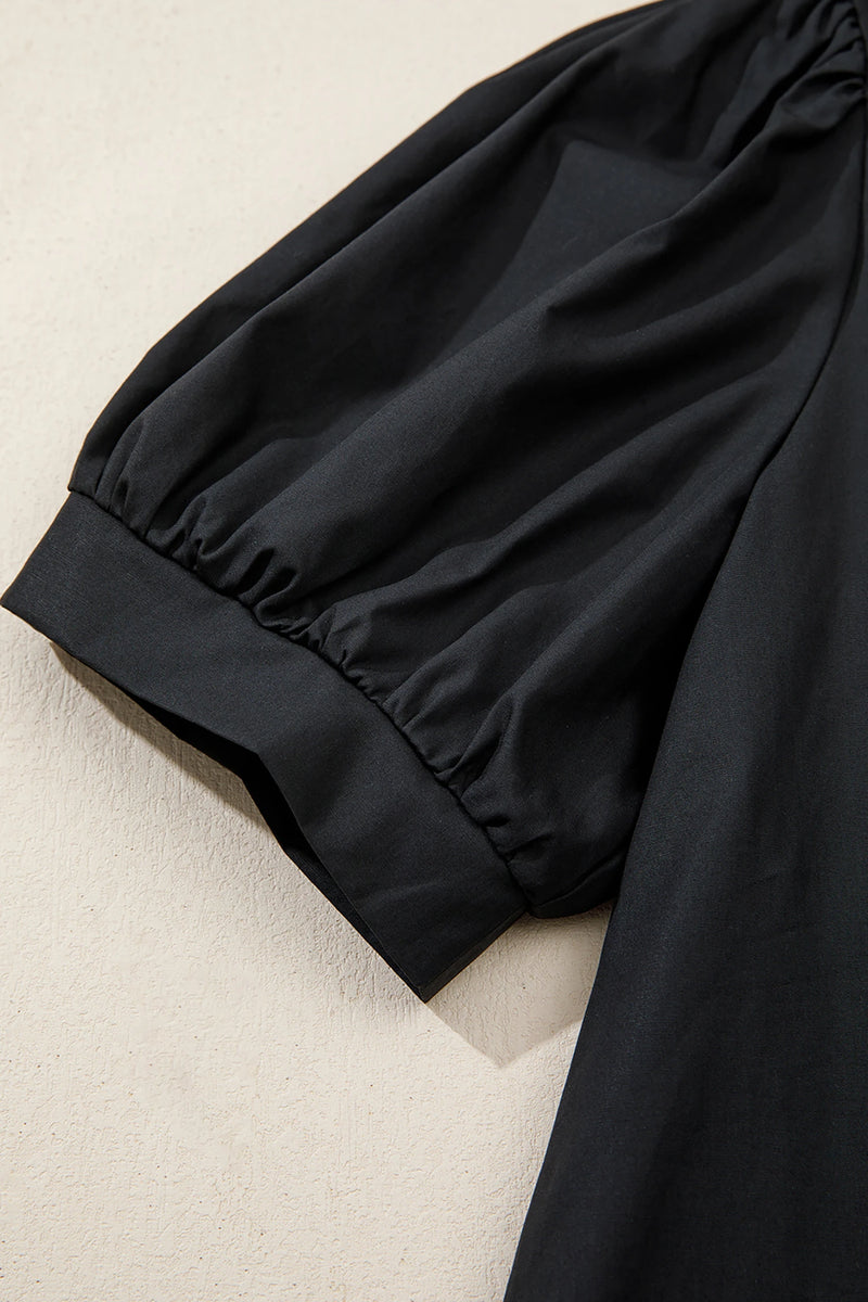 Load image into Gallery viewer, DLLS364 - Ladies Black Short Puff Sleeve Contrast Embroidered Detail V Neck Blouse
