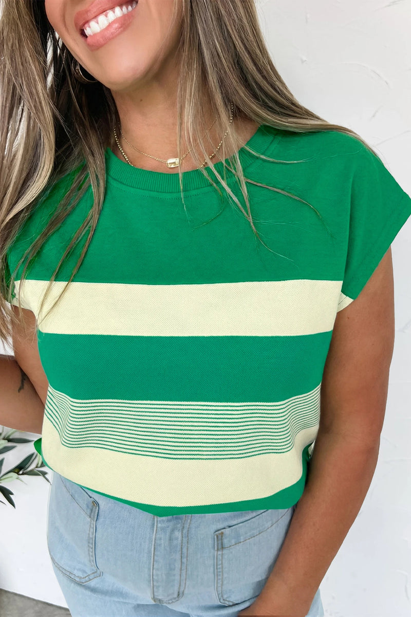 Load image into Gallery viewer, DLLS483 - Ladies Green Stripe Mixed Print Crew Neck Cap Sleeve T Shirt
