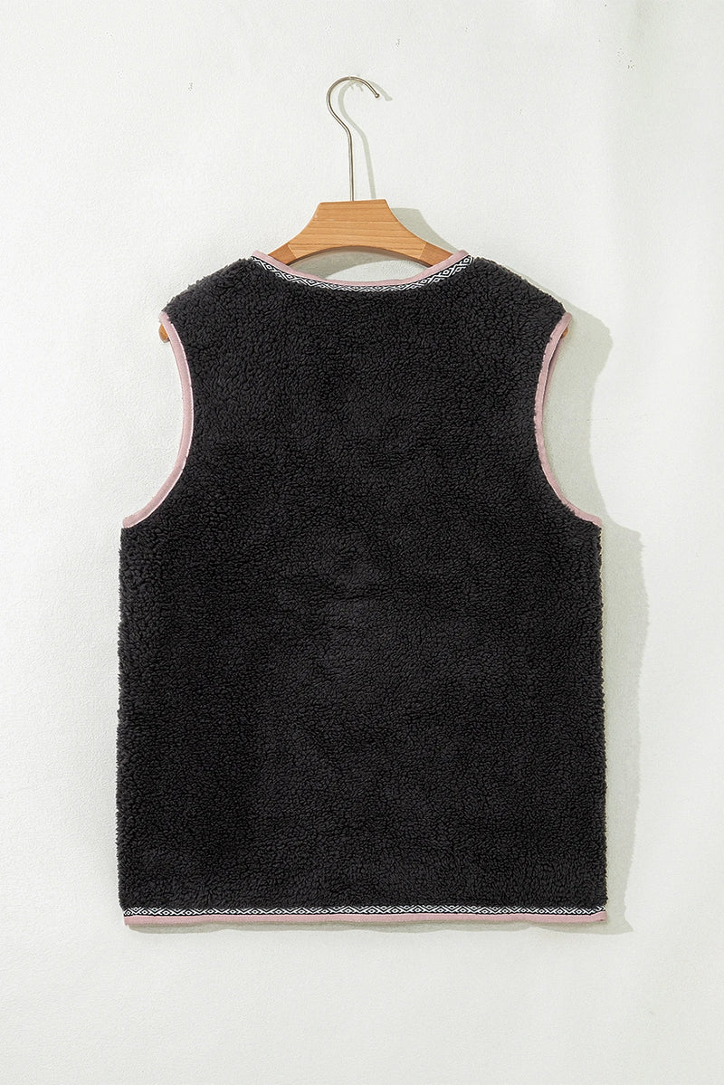 Load image into Gallery viewer, DLLS753 - Ladies Dark Grey Sherpa Contrast Patch Pocket Cartridge Toggle Button Vest
