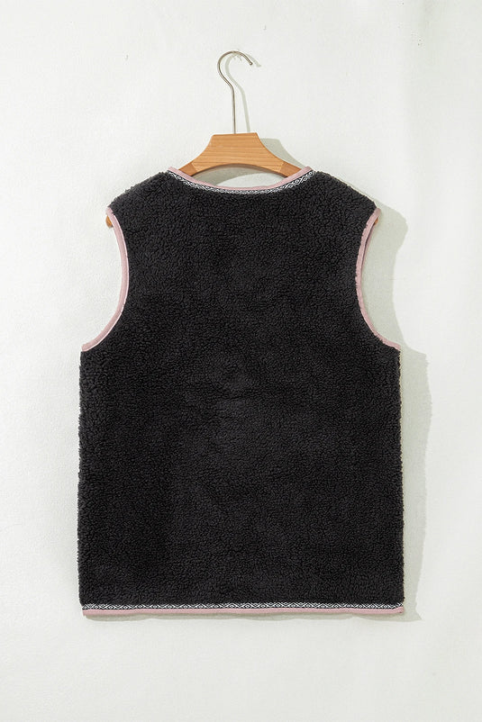 DLLS753 - Ladies Dark Grey Sherpa Contrast Patch Pocket Cartridge Toggle Button Vest
