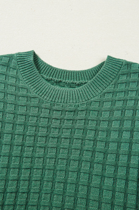 DLLS511 - Ladies Mist Green Solid Color Round Neck Textured Short Sleeve Sweater