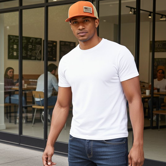 SA114 - Southern Addiction Dark Orange/Khaki FLEXFIT Light Leather American Flag Patch Cap