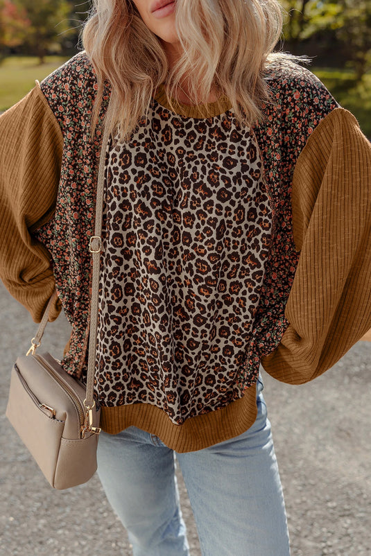 DLLS195 - Ladies Brown Leopard Floral Print Ribbed Puff Sleeve Patchwork Loose Pullover