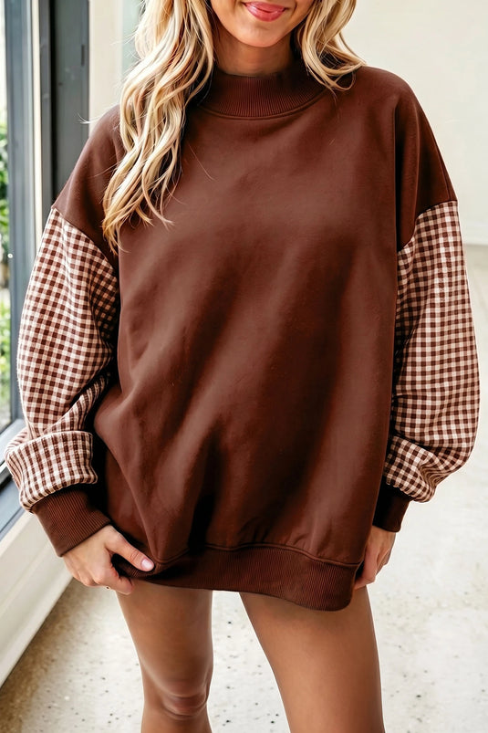 DLLS866 - Ladies Coffee Plaid Sleeve Colorblock Loose Tunic Sweatshirt