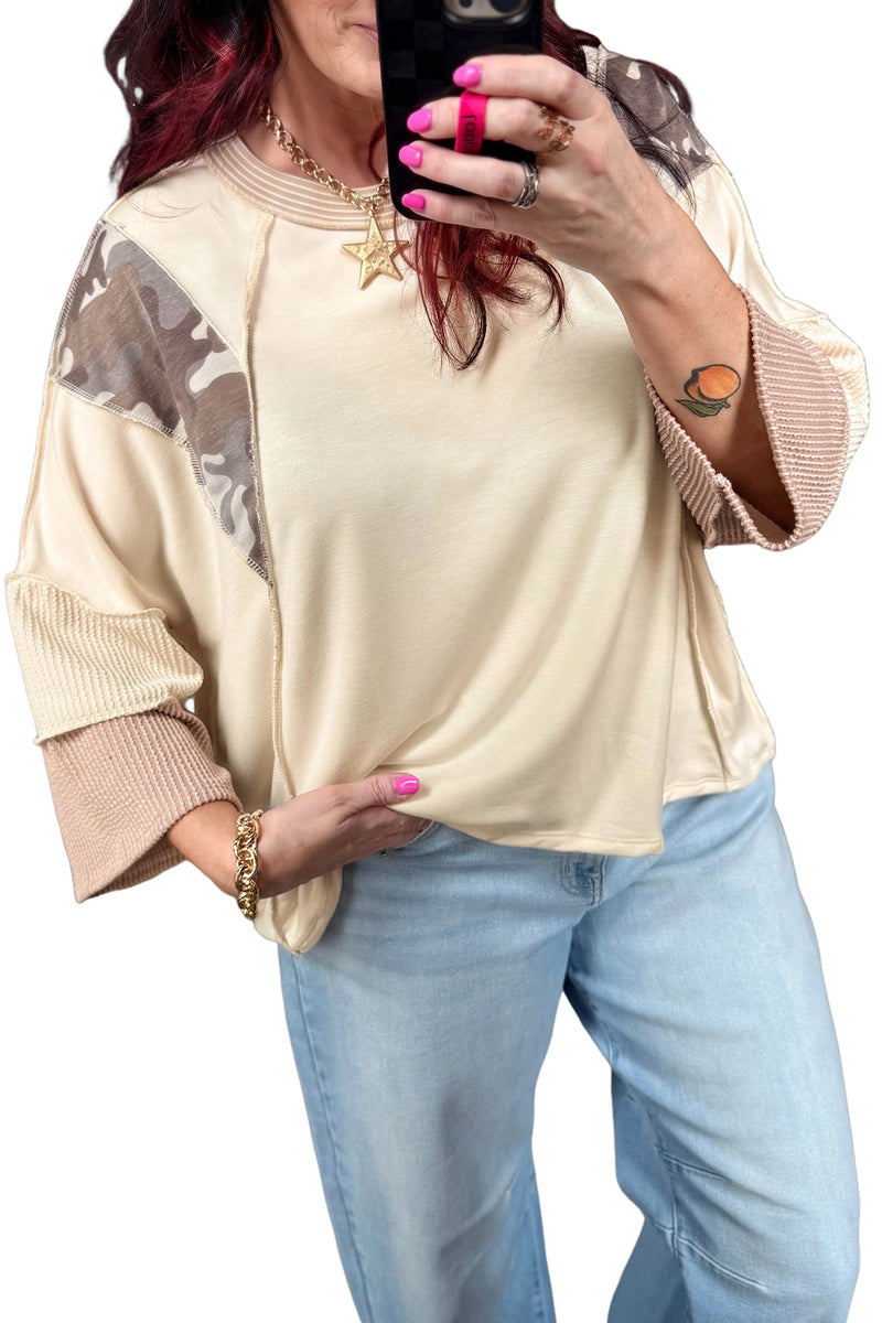Load image into Gallery viewer, DLLS1099 - Ladies Beige Camouflage Colorblock Twist Rib Patchwork 3/4 Sleeve Top

