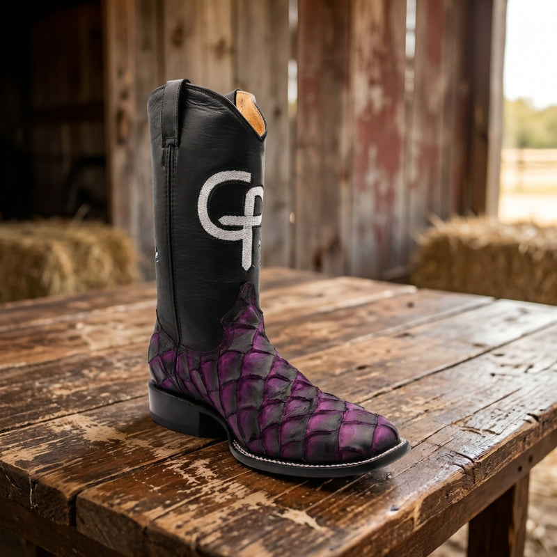 Load image into Gallery viewer, CP5006 - Cowboy Prayer Men's Purple Pirarucu Print Western Boot
