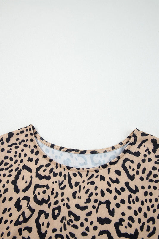 DLLS173 - Ladies Khaki Leopard Print Long Batwing Sleeve Loose Top