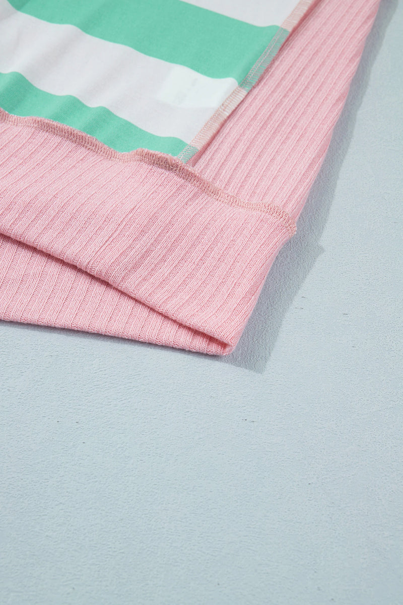 Load image into Gallery viewer, DLLS715 - Ladies Green Stripe Exposed Seam Ribbed Patchwork Oversized Tee
