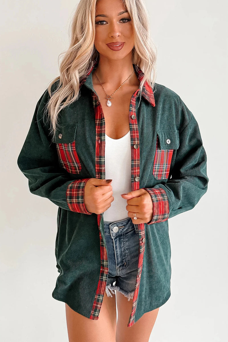 Load image into Gallery viewer, DLLS876 - Ladies Blackish Green Plaid Pocket Button Long Sleeve Shift Shacket
