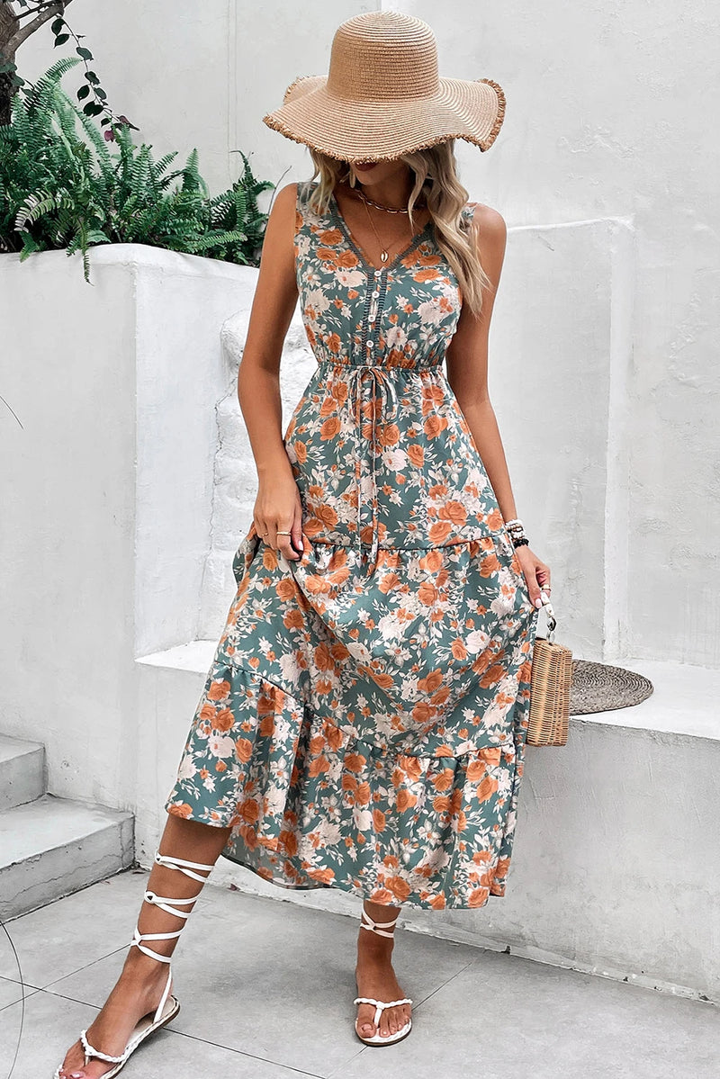 Load image into Gallery viewer, DLLS586 - Ladies Green Floral Print Trimmed V Neck Tie Waist Sleeveless Long Dress
