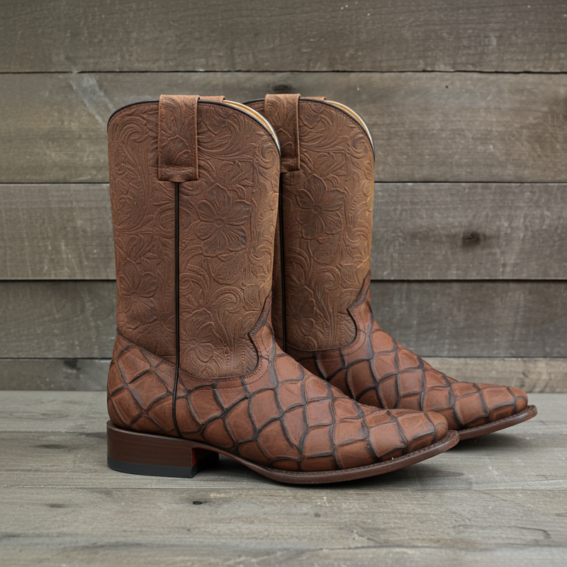 Load image into Gallery viewer, CP1709 - Cowboy Prayer Chocolate Pirarucu Print Cowboy Boots
