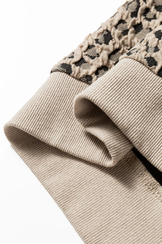 DLLS301 - Ladies Khaki Ribbed Trim Leopard Print Long Sleeve Top