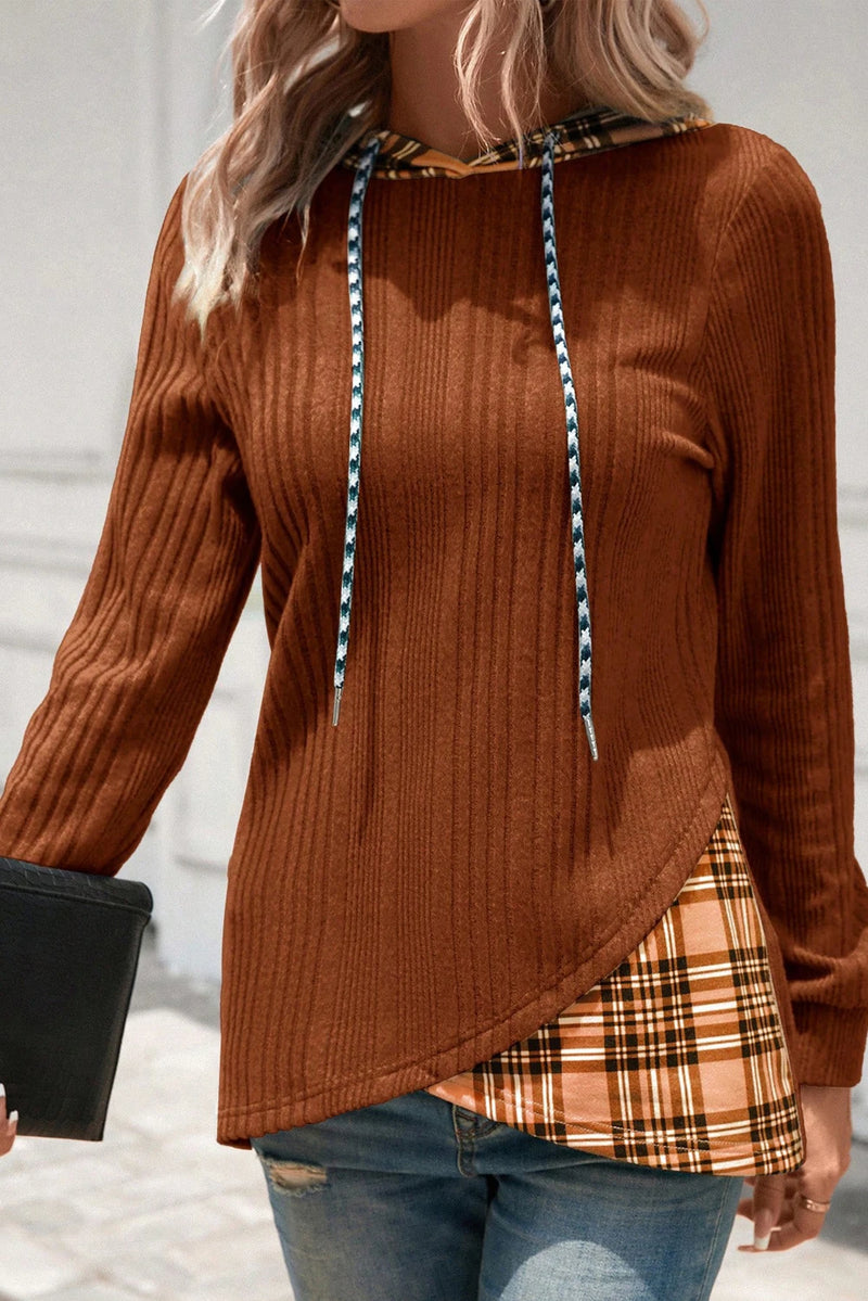 Load image into Gallery viewer, DLLS179 - Ladies Chestnut Plaid Patchwork Ribbed Knit Drawstring Hooded Top
