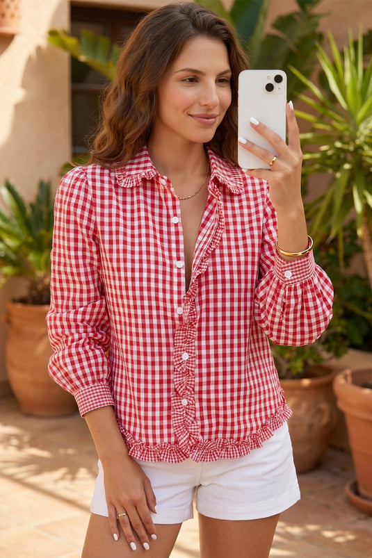 DLLS785 - Ladies Red Plaid Long Sleeve Button Down Frill Detail Casual Shirt
