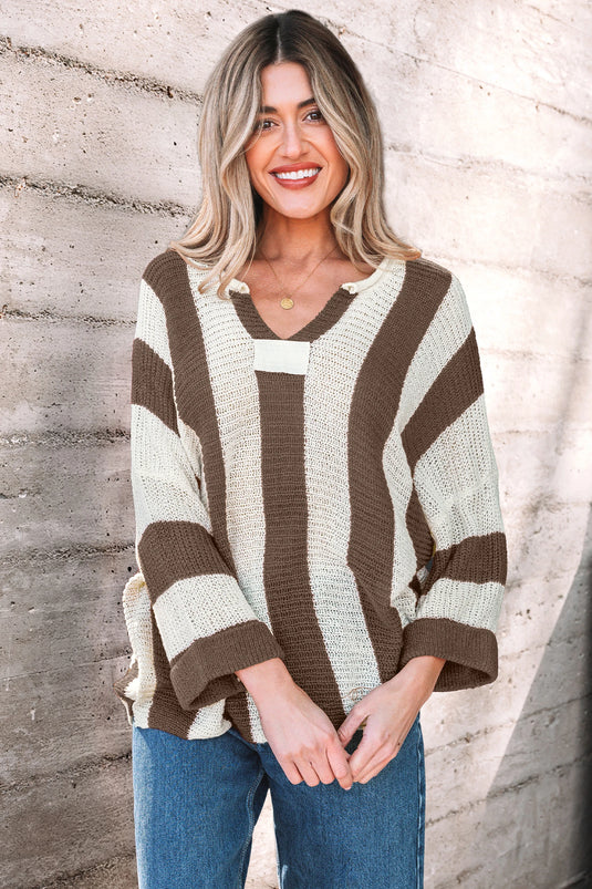 DLLS410 - Ladies Brown Stripe Colorblock V Neck Bracelet Sleeve Sweater