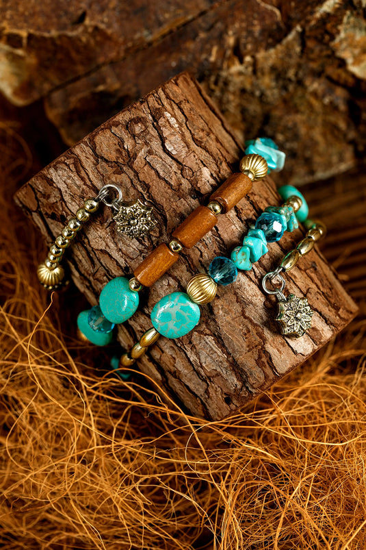 DLLBC 21 - Turquoise Bohemian Style Crystal Stone Plated Bead Multi-Layer Winding Bracelet