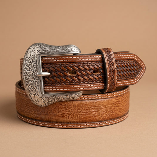 2778 - Men's Tan/Copper Belt W/ Double Stitched Border & Window Inlay