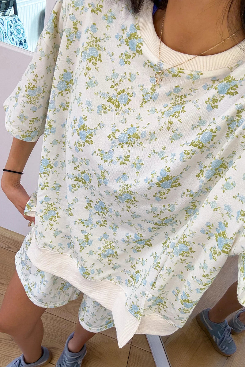 Load image into Gallery viewer, DLLS690 - Ladies Sky Blue Floral Print Oversized Sweat Tee Elastic Waist Short Set
