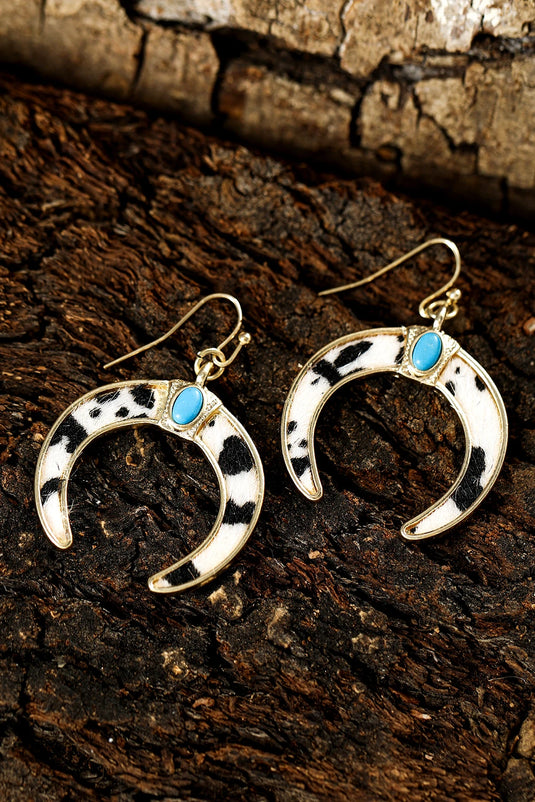 DLLER 16 - Black Cow Print Turquoise Inlay Crescent Shaped Dangle Earrings