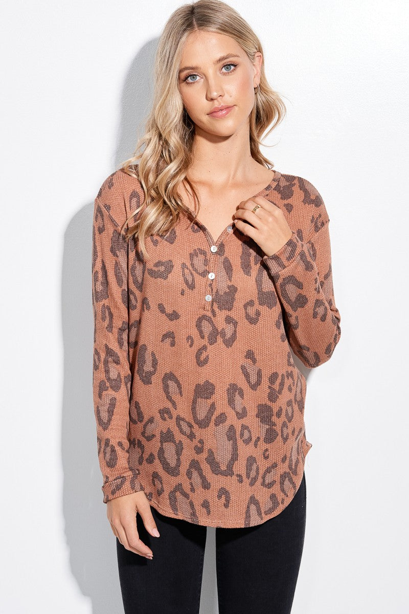 Load image into Gallery viewer, PL4 - Ladies Leopard Print Soft Waffle Long Sleeve Henley Top
