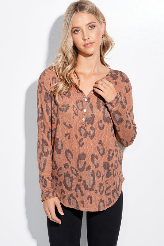PL4 - Ladies Leopard Print Soft Waffle Long Sleeve Henley Top