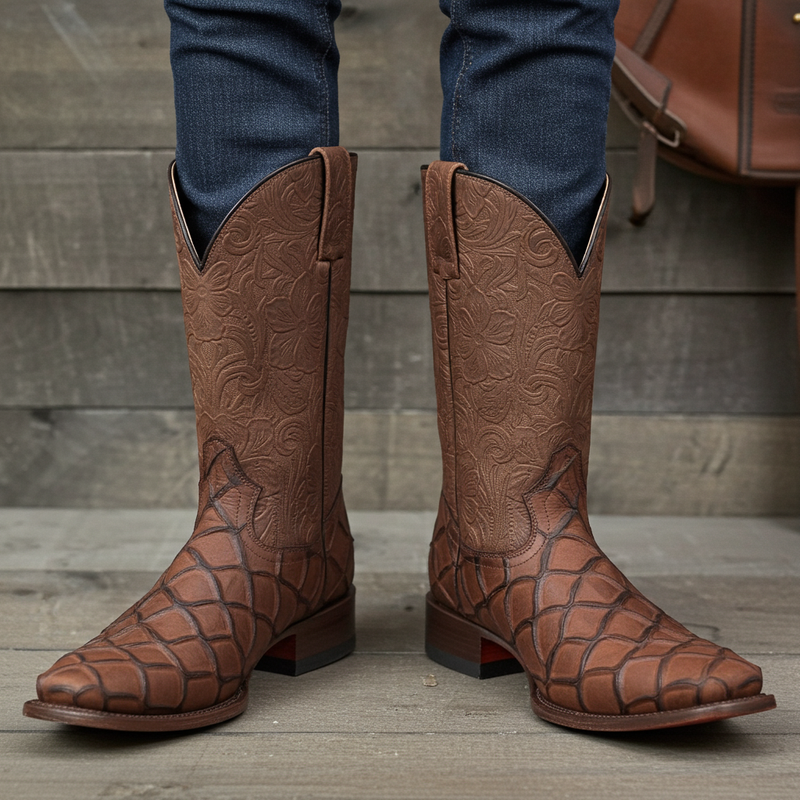 Load image into Gallery viewer, CP1709 - Cowboy Prayer Chocolate Pirarucu Print Cowboy Boots
